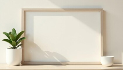 Fototapeta premium Modern grey rectangular frame mockup against a light beige wall , illustration, product display, home decor