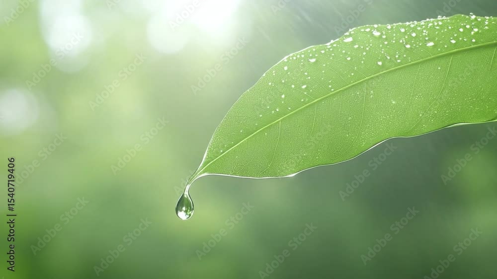 Aufkleber dew drop of freshness: a macro view of a vibrant green leaf with glistening dewdrops clinging delica