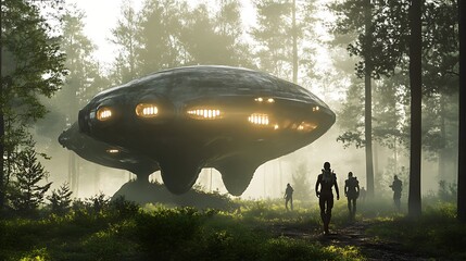 A group of explorers discovering a hidden alien civilization, with advanced technology and architecture