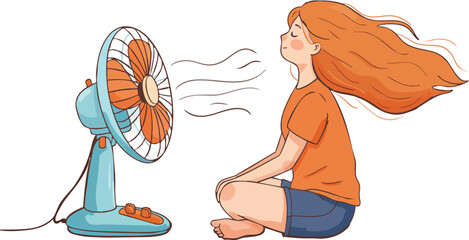 Cartoon Woman Cooling Off With Fan