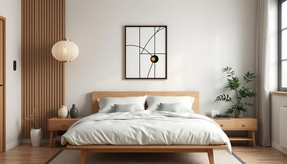 japandi bedroom interior with geometric wall art, minimalist japandi style, scandinavian japanese fusion decor