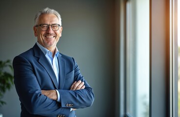 Smiling, confident mature businessman in blue suit. Successful executive ceo, arms crossed, standing near window, looking at camera. Happy middle-aged pro at work in modern office, glasses. Corporate