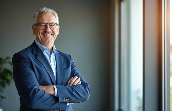 Smiling, confident mature businessman in blue suit. Successful executive ceo, arms crossed, standing near window, looking at camera. Happy middle-aged pro at work in modern office, glasses. Corporate
