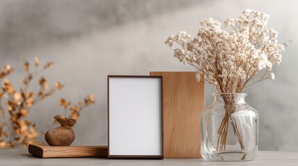 Photorealistic Mockup with Blank Wooden Frame and Cotton Flowers in Vase

