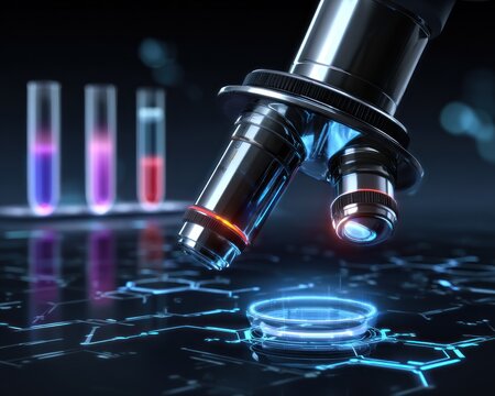 High-tech microscope focused on a digital interface