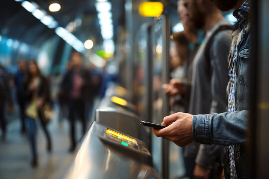 A commuter paying for a subway ticket with a smartphone