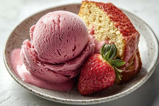 Delicious strawberry ice cream dessert with fresh strawberries and pound cake on a plate
