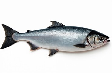 Naklejka premium Fresh Atlantic salmon. Silvery scales reflect light against white background. Seafood delicacy for cooking. Nutrient rich, protein source, omega-3 acids for healthy eating, dietary meals.