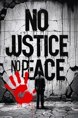 Powerful Black and White Urban Art Illustration with NO JUSTICE NO PEACE Graffiti, Red Handprint, Symbolizing Social Justice, Civil Rights Protest, and the Fight Against Inequality and Oppression