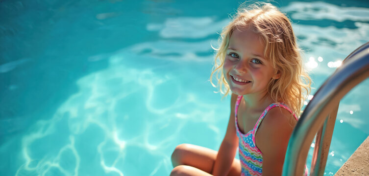 Blond girl smiling sits poolside enjoying summer vacation. Child in swimsuit relaxes on holiday resort near the pool. Happy kid at aqua park, aquatic fun, leisure. Sunshine, water background.