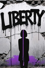 Graffiti Mural Depicting LIBERTY in Bold Letters with Young Woman’s Silhouette and Purple Paint, Addressing Social Issues, Feminist Movement, Personal Freedom, and the Universal Right to Equality