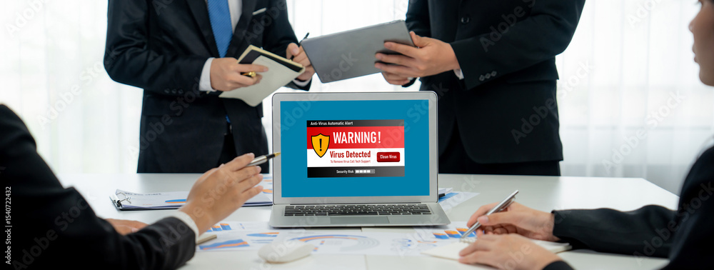 Poster virus warning alert on computer screen detected brisk cyber threat , hacker, computer virus and malw