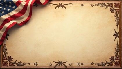 Vintage American flag illustration template with star border design. Antique paper background, perfect for patriotic cards, announcements, blank documents, invitations. US national symbol, grunge
