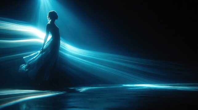 Silhouette of a ballerina dancing gracefully in a long dress amidst blue light trails, illuminated by a spotlight in a dark setting, creating a mesmerizing and ethereal atmosphere