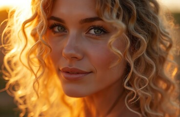 Naklejka premium Close-up golden hour portrait of woman with curly hair. Backlit by sun creates glowing edges depth. Warm evening light, soft tones. Beauty, natural look, sunlit hair, female face, nature background.