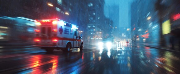 The ambulance rushing through the rain-soaked city streets at night.