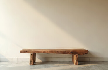 Wooden bench stands against light beige wall. Solid wood construction, natural raw texture. Simple minimalist design. Modern furniture home decor. Neutral colors, cozy style, perfect space for lounge