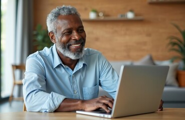 Smiling senior African American man using laptop home. Checks finances, managing budget, paying bills online. Happy retired male in 60s, connected tech at home. Online banking, shopping, booking