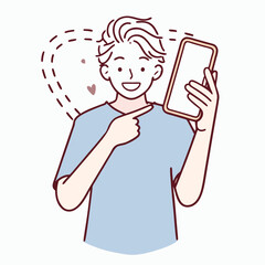 Smiling young man points at the smartphone he holds, in an expressive line drawing