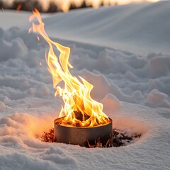 Small fire burning in metal container in snow isolated on white background