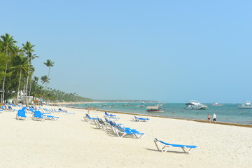El Cortecito, Punta Cana, Dominican Republic- June 12, 2025: People walking along the coastline and sunbathing on one of the best beach in Caribbean area. Lots  of seaweed, specifically Sargassum.