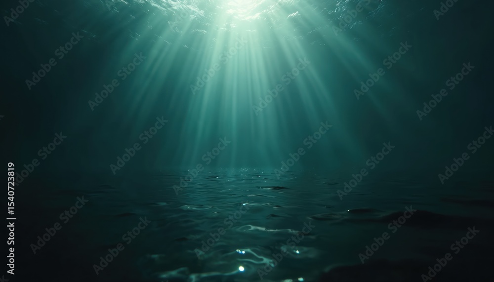 Poster Tranquil deep ocean scene with sun rays penetrating water, creating soft shadows. Underwater atmosphere with light, fluid, depth. Peaceful, zen, meditation concept. Ideal for aquatic, marine themes.