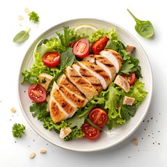 Grilled chicken salad with cherry tomatoes and mixed greens isolated on white background