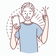 Cheerful young Caucasian man holds his phone and raises his index finger up