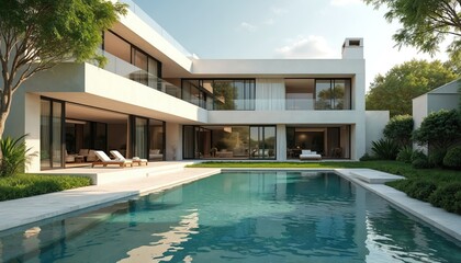 Fototapeta premium Modern luxury home exterior with crystal clear swimming pool, lush green backyard. Contemporary design estate. Blue sky, residential property with windows. Vacation, real estate, villa concept.