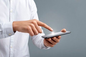 Person using a smartphone wearing a white shirt on a grey background
