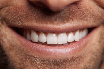 Obraz premium A man's mouth is open with his teeth showing. The teeth are white and clean, and the man has a smile on his face