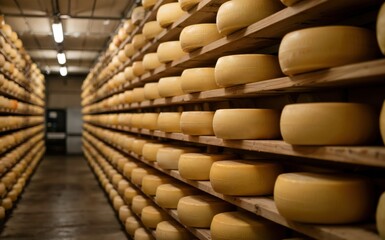 Cheese wheels aging on wooden shelves in a cheese maturation cellar.