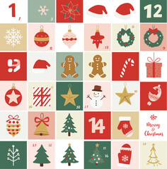Christmas advent calendar, flat icon set, holiday illustration, countdown squares, winter decoration, festive design, ornaments, vector graphic, red green palette