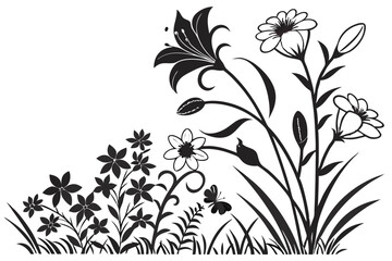Monochrome flower bed featuring lilies, butterfly, and daisies conveys natural monochrome beauty gracefully