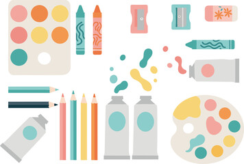 Cute pastel art supplies illustration, paint tubes, pencils, crayons, erasers, sharpeners, creative tools, school stationery, colorful vector clipart pack