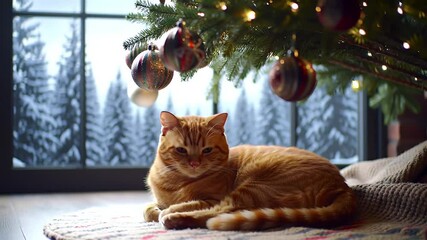 Ginger cat relaxing under christmas tree near window with snowy landscape - Powered by Adobe