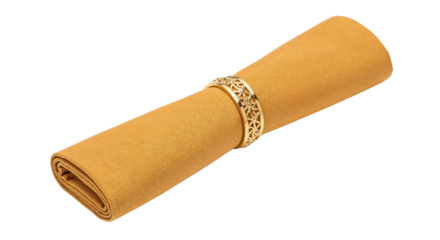 Yellow napkin tied with decorative ring isolated on white background  