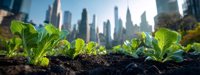 Green lettuce growing in urban farm with new york city skyline