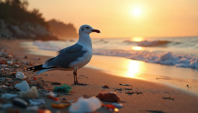 Seagull on polluted beach at sunset. Plastic waste, rubbish, debris contaminates shore. Concept environmental issue, global problem, pollution. Rubbish, garbage on coast sea. Damage to ecology,