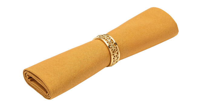 Yellow napkin tied with decorative ring isolated on white background  