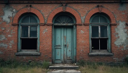 Old weathered building facade with arched windows, doors. Vintage teal door, window frames contrast red brick wall. Historic architecture building exterior. Abandoned structure evokes sense of