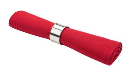Rolled red napkin with silver ring isolated on white background  