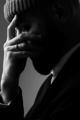 A pensive man in a beanie holds his head, contemplating life's challenges.