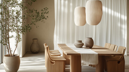 Elegant Japandi-inspired modern dining room with warm neutral palette, organic shapes, minimalist decor. People-free image is perfect for interior design blogs, real estate marketing, furniture brandi