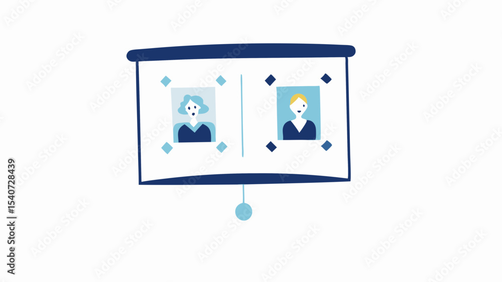 Poster presentation screen displaying two people in portrait frames with geometric decorations around them