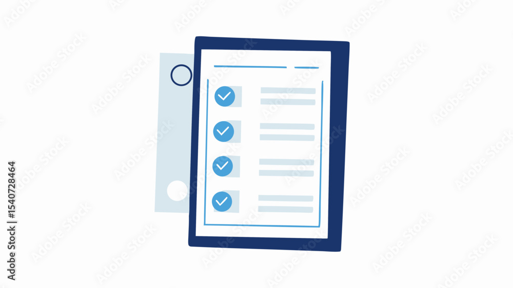 Poster illustration of a clipboard with a document showing checkmarks and a light blue file folder next to 