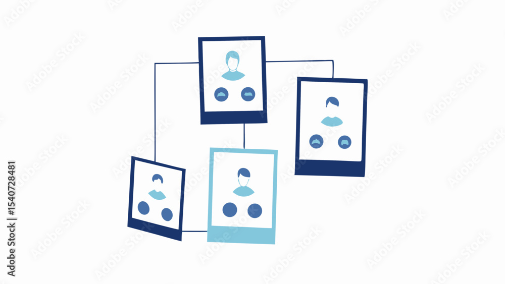 Poster illustration of an organizational chart with profile images connected by lines and rectangular frame