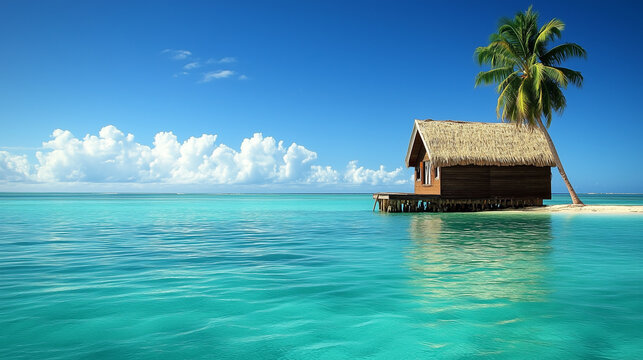 secluded tropical island hut with palm tree and turquoise ocean