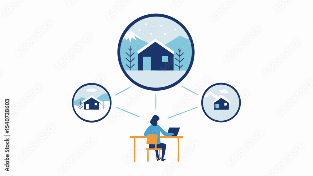 Aufkleber person working remotely connected to winter cabins in circular frames on a white background scene vi