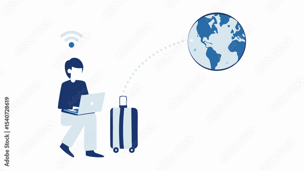 Poster person with laptop and suitcase connected to globe via wifi on a white background image is shown